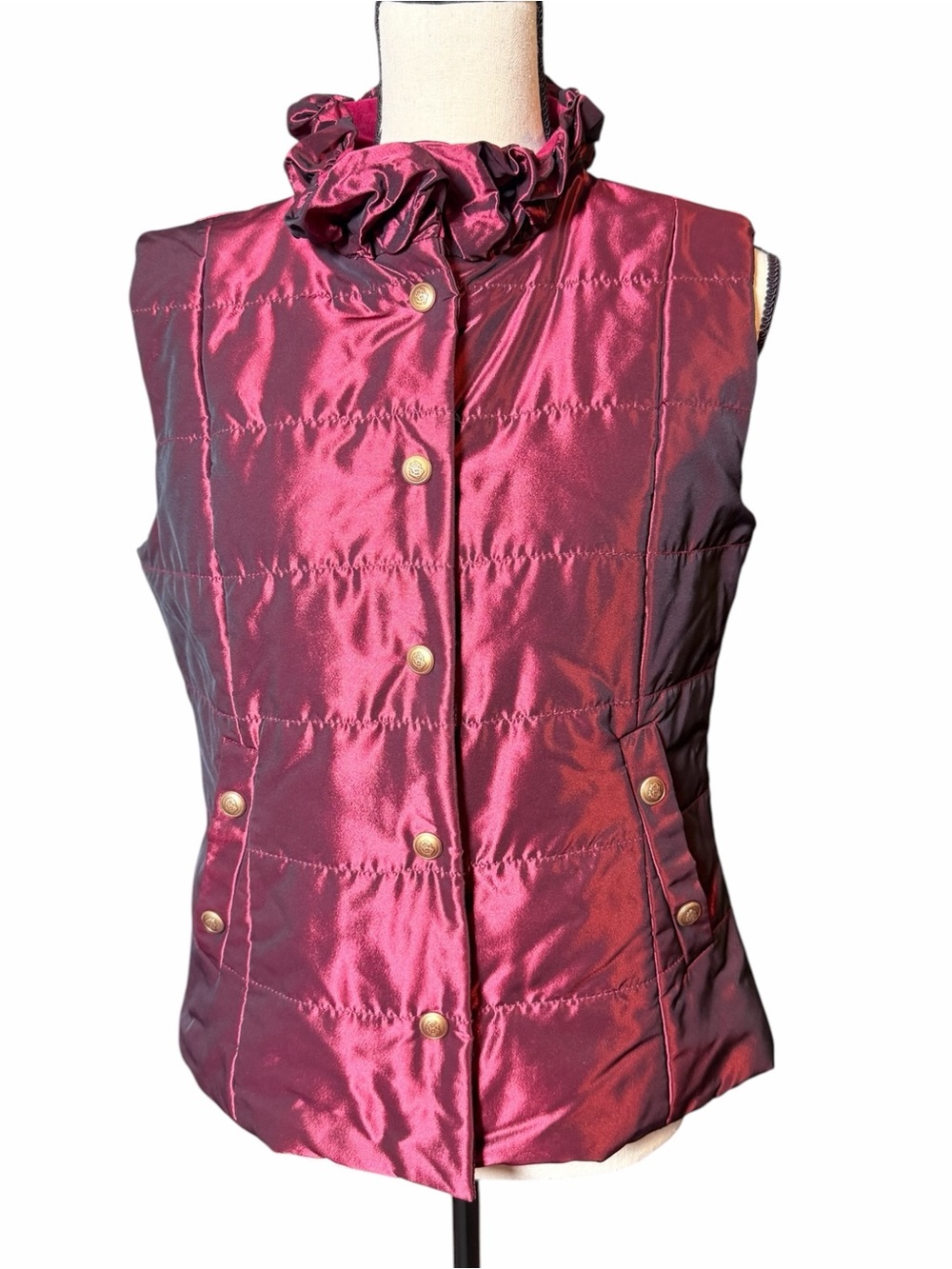 Sônia Bogner Limonta Iridescent Magenta Ruffle Collar Puffer Vest Size 10